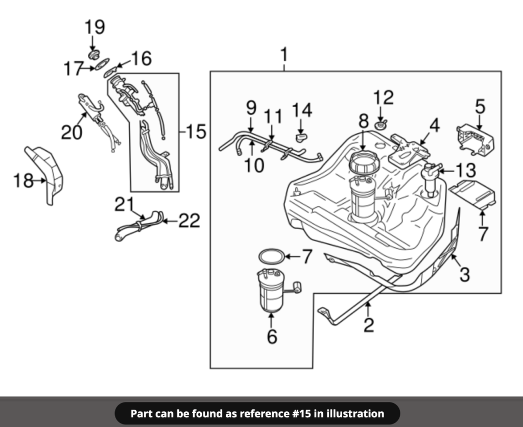This is a diagram showing where to find the OEM filler neck for a 2001 to 2003 Mitsubishi Galant.  The part number is MR487081. Purchase online at WestMitsubishi.com
