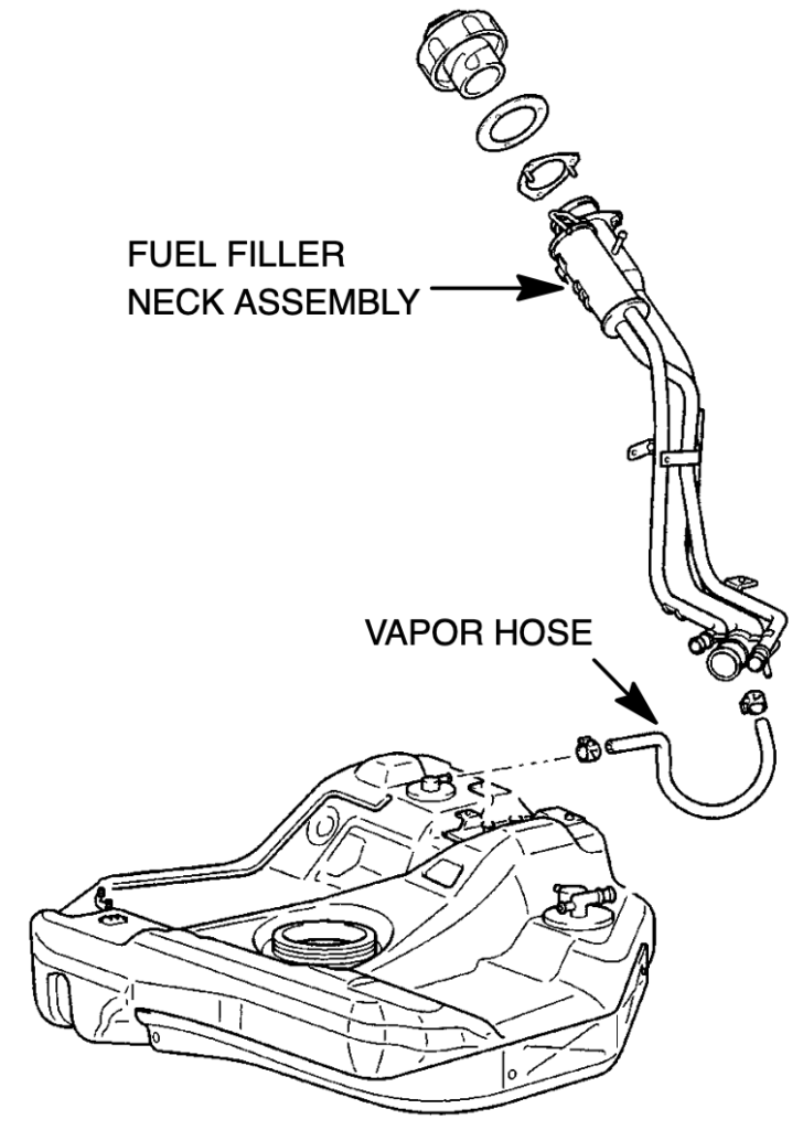Diagram Showing OEM Mitsubishi Filler Neck for 2001-2003 Mitsubishi Galant going into the fuel tank.
